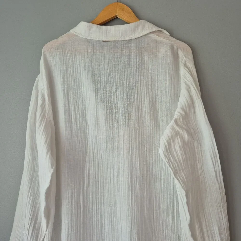 Roxy White 100% Cotton Long Sleeve V Neck Ruched Slit Beach Cover Up Womens LRG